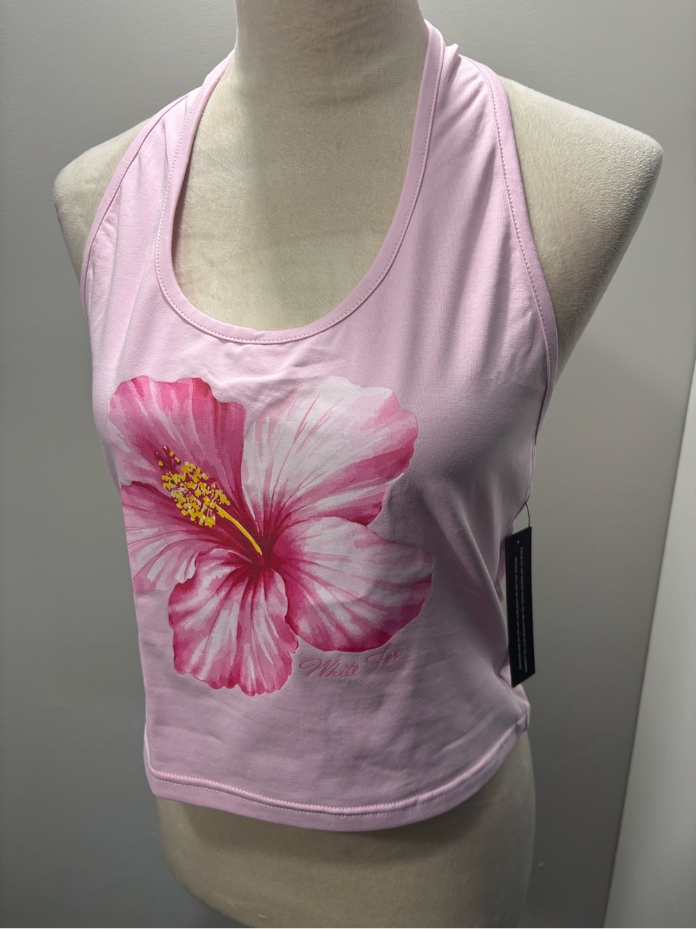 White Fox Pink Hibiscus Racerback Crop Tank NWT
